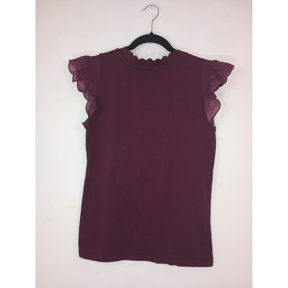Karl Lagerfeld Paris Ruffle Sleeve Scallop Neck Top Burgundy Small Whimsigoth - Picture 3 of 7